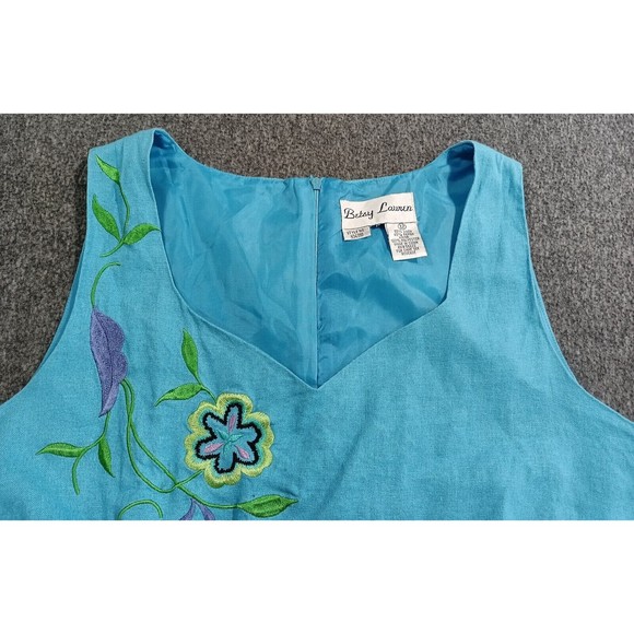 Vintage Betsy Lauren Linen Dress Turquoise Embroidered Flowers Size 12 Lined - Picture 7 of 7